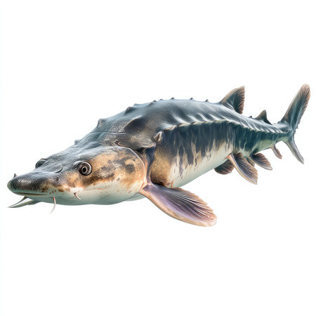 Captivating isolated cutout of a sturgeon fish, showcasing its intricate details and vibrant colors, perfect for nature-themed graphics.の写真素材