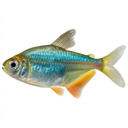This image features an isolated tetra fish displaying vibrant colors, ideal for educational materials, artwork, or aquatic studies. The clean cutout enhances visual appeal.の写真素材