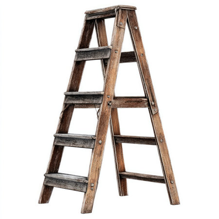 This isolated wooden stepladder features five sturdy steps, ideal for various home improvement and DIY projects, offering safety and ease of use.の写真素材