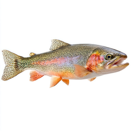 A vibrant rainbow trout displayed in high quality against a clean white background, ideal for nature, culinary, and aquatic themes.の写真素材