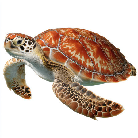 This high-quality isolated cutout of a sea turtle showcases its intricate details and vibrant colors, perfect for educational materials, artistic projects, or conservation campaigns. The image illustrates the beauty of marine wildlife.の写真素材