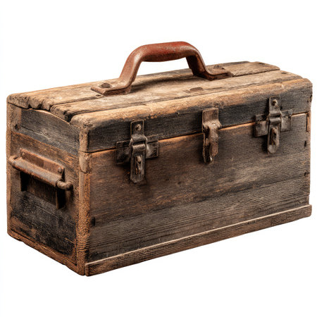 This vintage wooden toolbox is isolated against a white background, featuring a sturdy handle and a rustic design perfect for repairs or projects.の写真素材
