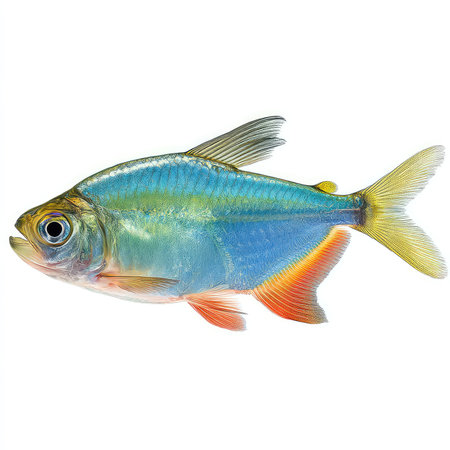 An isolated cutout image of a tetra fish showcasing its vibrant colors and intricate details. Ideal for aquatic and nature-themed projects.の写真素材