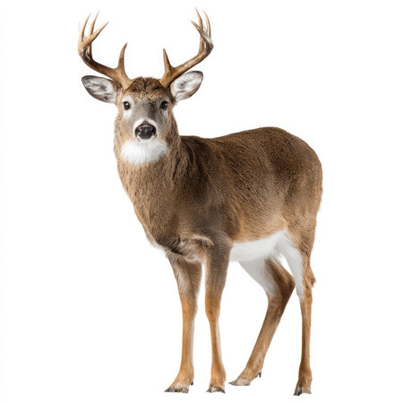 This image features a stunning portrait of a white tailed deer, showcasing its elegant stance and majestic antlers against a clean white background. Perfect for nature and wildlife concepts.の写真素材