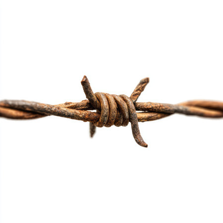 This isolated cutout features a close-up view of rusty barbed wire, showcasing its detailed texture against a white background. Ideal for diverse design projects.の写真素材