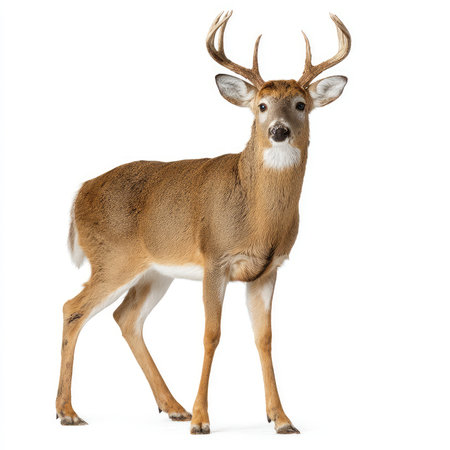 A striking image of an elegant white-tailed deer isolated on a clean white background. This photograph captures the deer standing gracefully, showcasing its antlers and natural beauty. Ideal for nature and wildlife projects.の写真素材