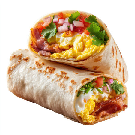 A mouthwatering breakfast burrito featuring scrambled eggs, bacon, tomatoes, and onions, artistically wrapped in a soft tortilla. Ideal for culinary projects.の写真素材
