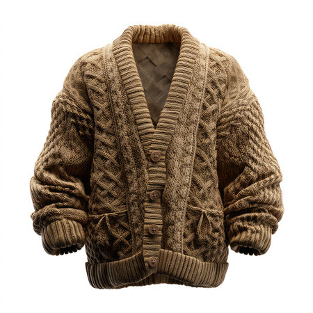 A cozy cardigan sweater captured in an isolated cutout style, showcasing intricate textures and a warm neutral color. Ideal for winter fashion.の写真素材