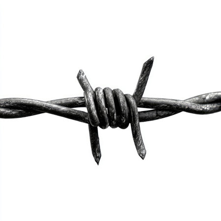 This high-quality isolated cutout of barbed wire showcases intricate details and textures on a clean white background, ideal for various design uses.の写真素材
