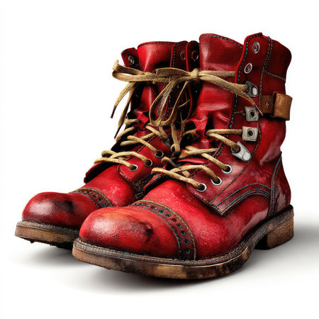 This image features a close-up of a pair of high-quality, isolated red boots with a distressed finish and intricate details. Perfect for footwear and fashion-related projects.の写真素材