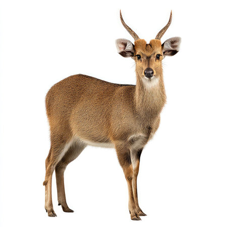 This image features an isolated brocket deer exhibiting fine details in fur and posture, ideal for wildlife and nature projects.の写真素材