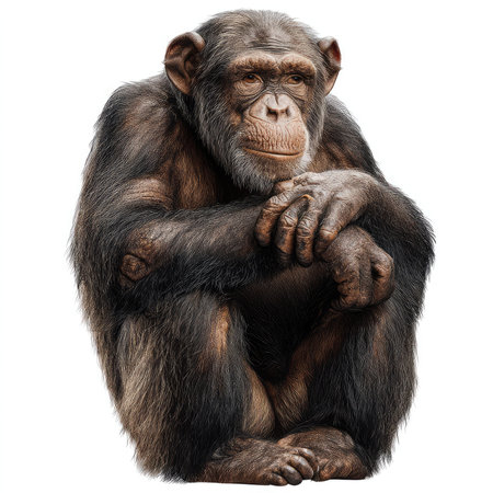 This high-quality cutout features an isolated chimpanzee in a thoughtful pose. Perfect for wildlife and nature-themed projects, showcasing animal expression and behavior.の写真素材