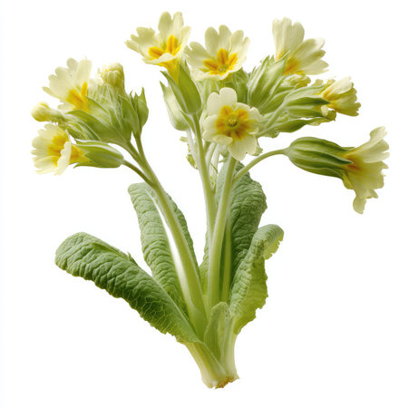 This image features a vibrant, isolated cutout of a Cowslip flower, showcasing its delicate petals and rich green leaves. Ideal for nature-themed projects.の写真素材