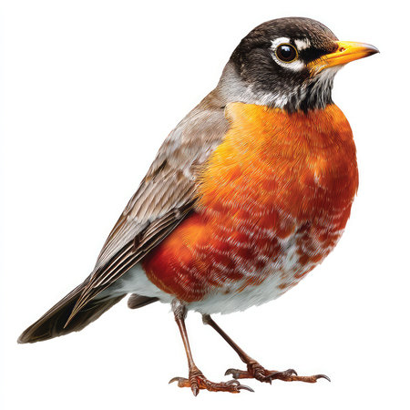 This isolated cutout features a detailed portrait of a vibrant robin bird with an orange chest and intricate feather patterns. Ideal for nature and wildlife themes.の写真素材