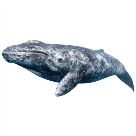 A stunning high-quality cutout of a gray whale, showcasing its majestic form as it swims gracefully in clear ocean waters.の写真素材