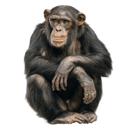 A high-quality cutout image of an isolated chimpanzee, showcasing detailed features and natural pose for educational and creative projects.の写真素材