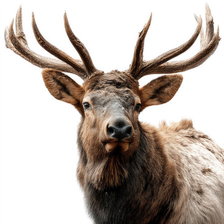 Captivating portrait of an isolated elk on a white background, showcasing the animal's distinct features and beauty. Ideal for nature and wildlife enthusiasts looking to enhance their projects with stunning imagery.の写真素材