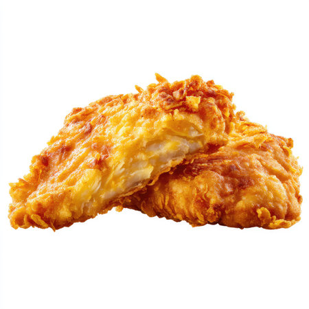 Discover a high-quality image of a crispy fried chicken breast piece, perfectly isolated on a white background, ideal for culinary presentations or recipe illustrations.の写真素材