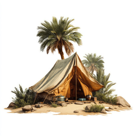 Experience the tranquility of an isolated desert camping scene featuring a spacious tent surrounded by palm trees and natural beauty.の写真素材
