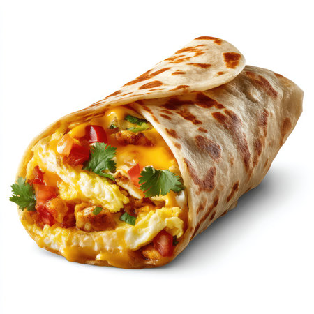 A delicious breakfast burrito featuring eggs, cheese, and fresh vegetables, perfectly wrapped in a flour tortilla, isolated for visual impact.の写真素材