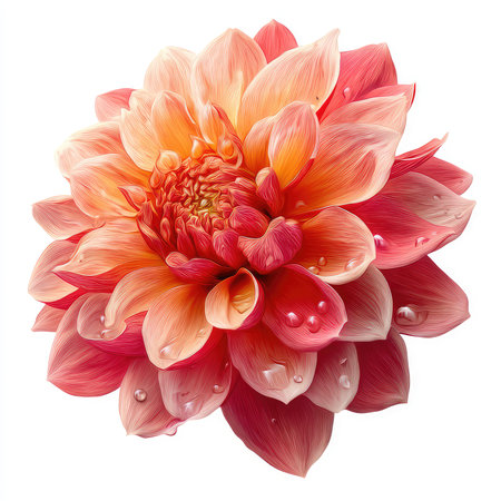 This stunning isolated dahlia flower features vibrant colors of pink and orange, with delicate water droplets enhancing its beauty. Suitable for various creative projects.の写真素材