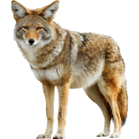 This high-quality image features an isolated coyote standing on a white background, showcasing detailed fur texture and natural posture. Perfect for wildlife enthusiasts, designers, and educators.の写真素材