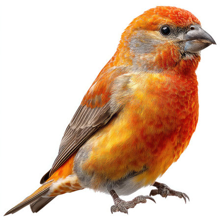 A beautifully detailed portrayal of a crossbill bird, showcasing its vibrant orange plumage and intricate feather patterns, perfect for nature enthusiasts.の写真素材