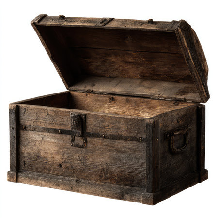 This isolated wooden hope chest features an open lid with a vintage rustic design, perfect for storage or decorative use in photography.の写真素材