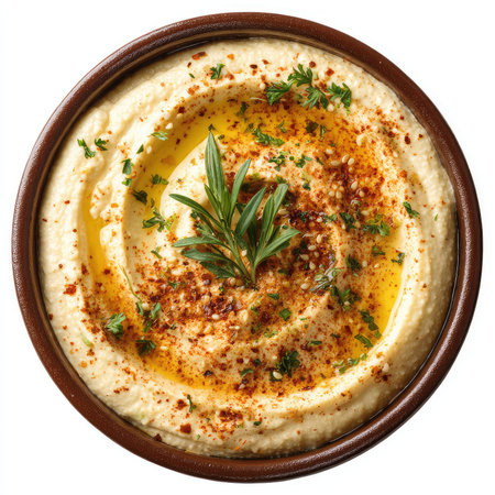 A stunning view of creamy hummus drizzled with olive oil and sprinkled with spices, presented in a wooden bowl, perfect for culinary use.の写真素材