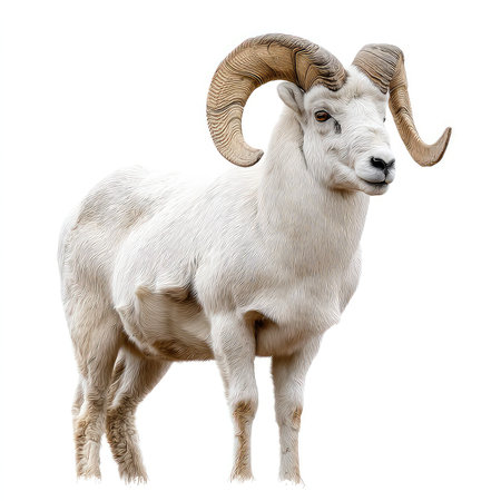 A beautifully isolated cutout of a white ram showcasing its distinct curved horns, ideal for various creative and commercial uses.の写真素材