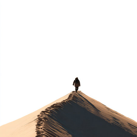 A lone hiker navigates an expansive sand dune, showcasing the beauty of isolation and the thrill of adventure in nature.の写真素材
