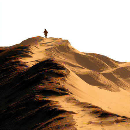 A solitary hiker stands atop a vast dune, basking in the glow of sunset, wrapped in the tranquility of nature's beauty.の写真素材