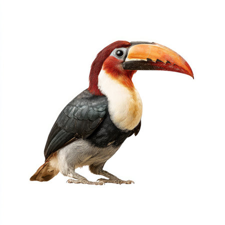 This vivid image captures an isolated toucan, highlighting its striking plumage and large bill. Perfect for wildlife enthusiasts and nature lovers, this photograph emphasizes the toucan's colorful features and exotic appeal.の写真素材