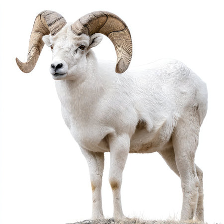 This striking image features an isolated white sheep with impressive curved horns, perfect for various creative projects. The clean background emphasizes its calm demeanor and stunning details, making it ideal for art, design, or educational use.の写真素材
