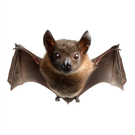 This stock photo features an isolated fruit bat with outstretched wings against a clean white background, showcasing intricate details of its fur and facial features, making it ideal for nature enthusiasts and educational purposes.の写真素材