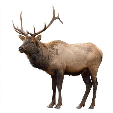 High-quality image of an isolated elk with impressive antlers, showcasing its natural beauty in a serene wilderness setting. Perfect for wildlife enthusiasts and nature projects.の写真素材