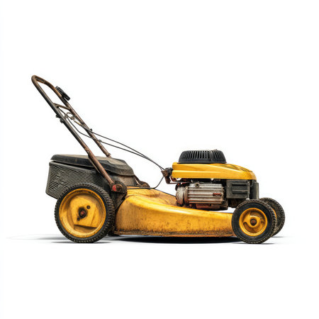 This high-quality cutout features an isolated yellow lawnmower on a clean white background, ideal for gardening, landscaping, and DIY projects.の写真素材