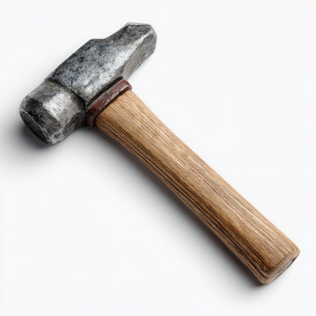 A high-quality isolated cutout of a hammer, showcasing its metal head and wooden handle on a clean white background, ideal for various design applications.の写真素材