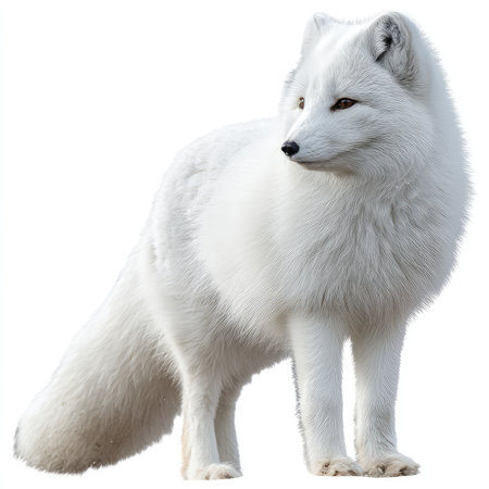 An exquisite isolated cutout of an Arctic fox showcasing its fluffy white fur. The image captures the serene beauty of this wildlife species in a natural habitat.の写真素材