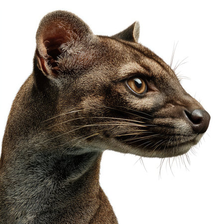 Captivating profile cutout of a fossa against a clean white background, highlighting intricate details and high-quality textures.の写真素材