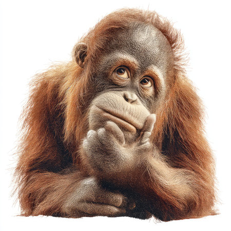 This high-quality cutout features a curious orangutan in an isolated pose, showcasing its thoughtful expression against a white background, ideal for educational projects and wildlife conservation themes.の写真素材