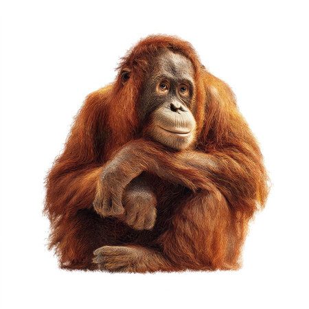 A high-quality isolated cutout of an orangutan, showcasing its unique expression and beautiful fur. Ideal for creative and educational use, this image captures the essence of wildlife and conservation.の写真素材