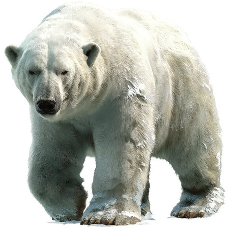 This high-quality image features an isolated polar bear cutout against a white background. The detailed depiction showcases the bear's majestic presence, making it perfect for wildlife and nature-themed projects.の写真素材