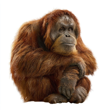This striking image features an isolated orangutan, showcasing its thoughtful expression and rich fur detail. Ideal for wildlife and conservation themes.の写真素材