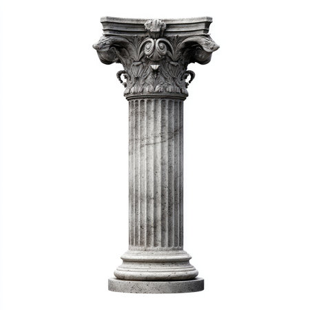 This isolated image features a stunning white marble pillar with intricate decorative capitals and a fluted shaft, perfect for architectural and design projects.の写真素材