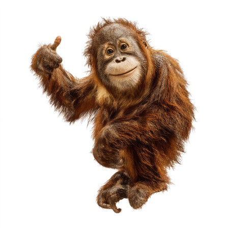 Charming orangutan displaying a thumbs-up gesture against a clean white backdrop, ideal for educational and creative use. Perfect for conveying positivity and wildlife appreciation.の写真素材