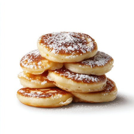 Enjoy a stack of delicious poffertjes, delectable mini pancakes, perfect for dessert or snack occasions. Ideal for culinary use.の写真素材