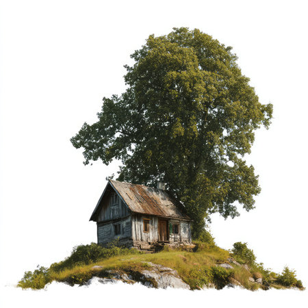 A beautifully isolated wooden house beneath a large tree, surrounded by vibrant green grass, perfect for creative projects. The cutout design offers versatility for various artistic uses.の写真素材