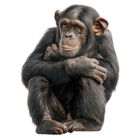 This image features a detailed cutout of an isolated chimpanzee with expressive features, perfect for educational use in wildlife conservation and research.の写真素材