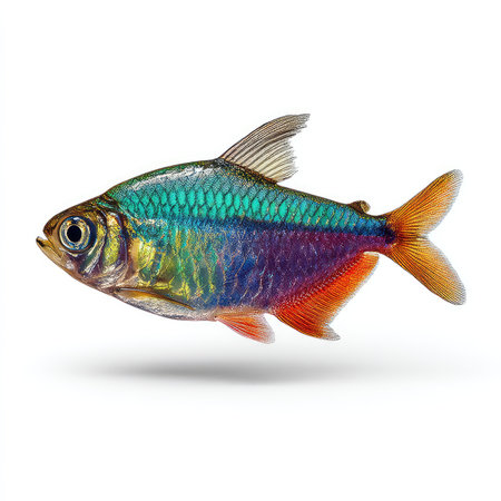 This high-quality image showcases a vibrant tetra fish, isolated on a white background. Perfect for various creative projects, it captures the intricate details and colorful patterns of this freshwater species.の写真素材
